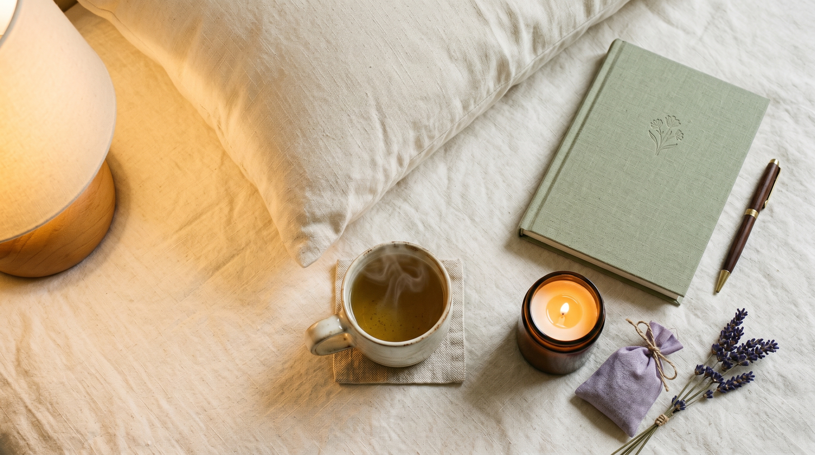 Evening wind-down ritual — chamomile tea, lavender, beeswax candle