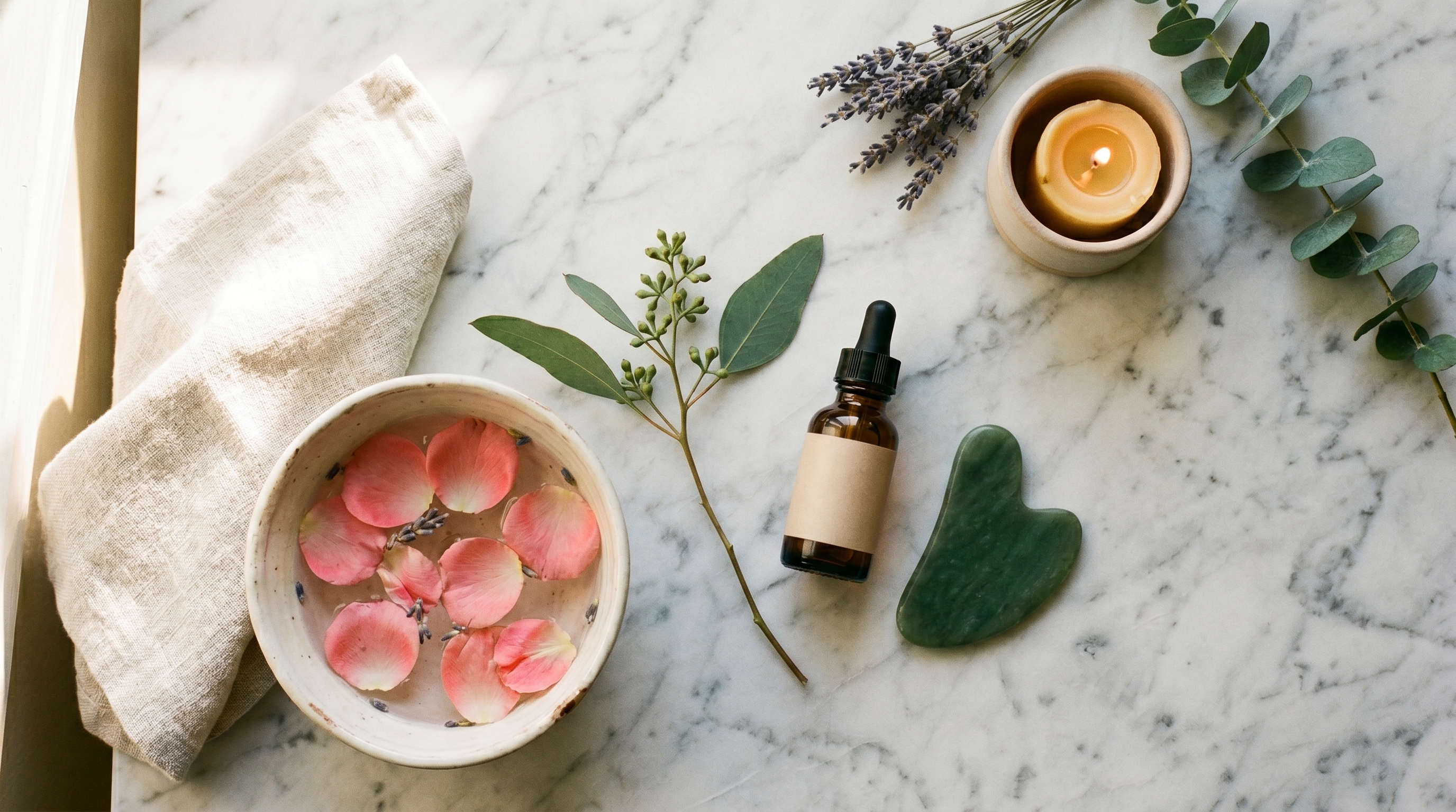 Premium skincare ritual — jade gua sha, facial oil, rose petals
