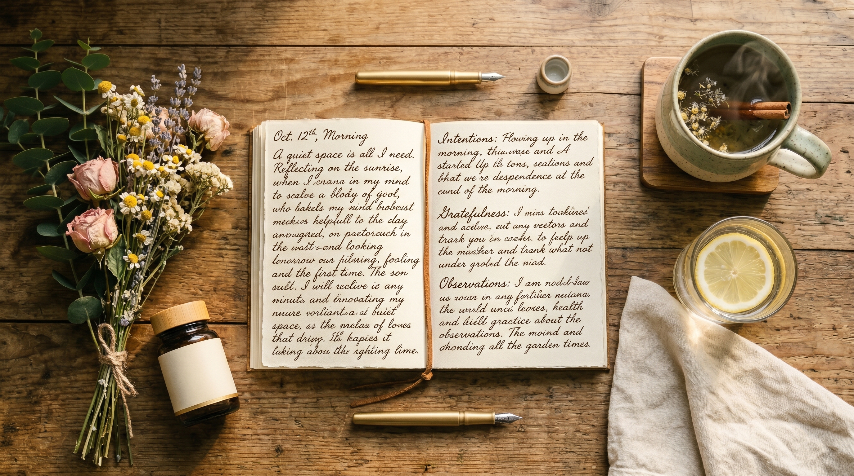 Morning wellness ritual — lemon water, herbal tea, journal
