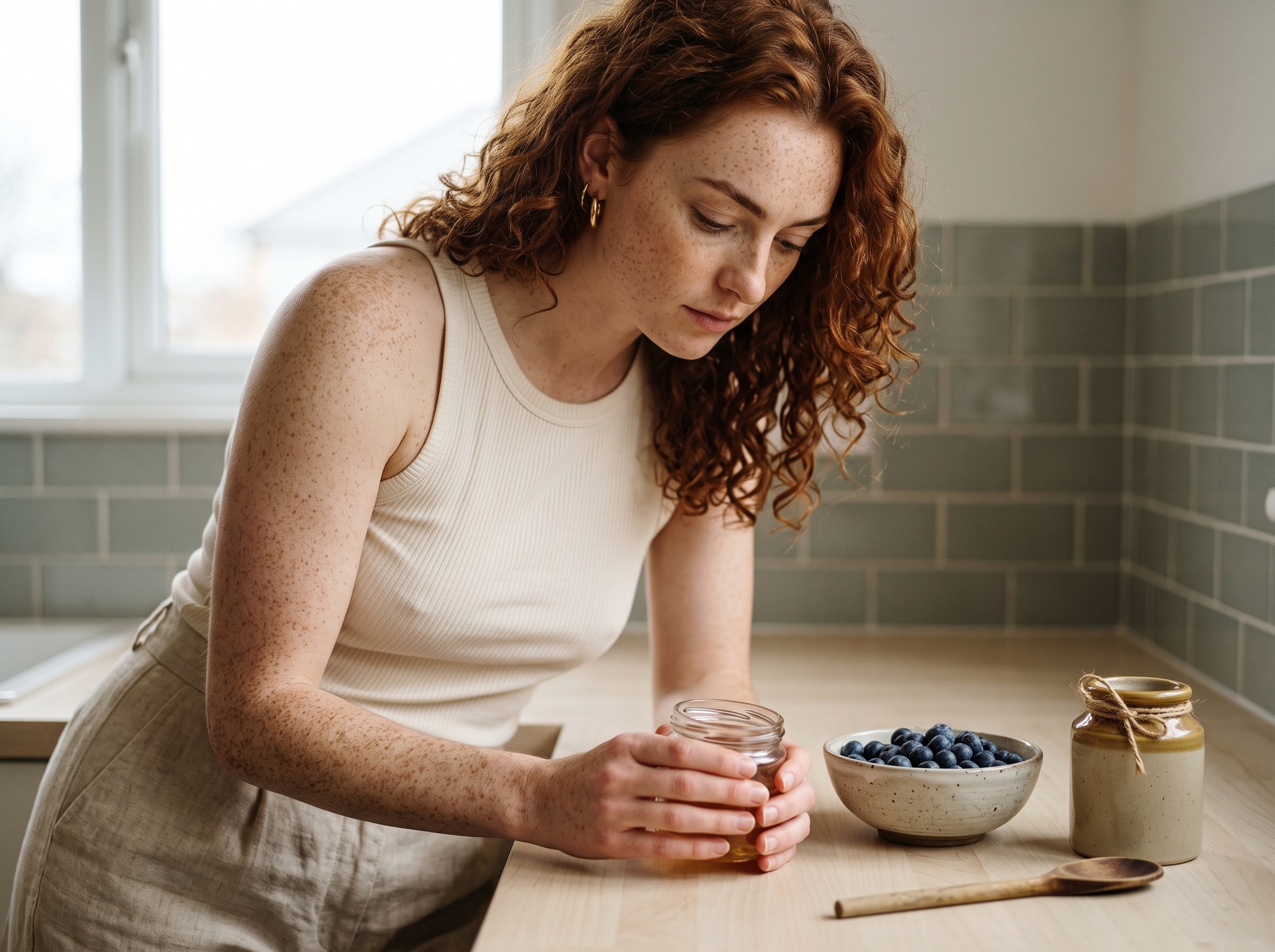 Woman holding a jar of fermented food in a morning kitchen